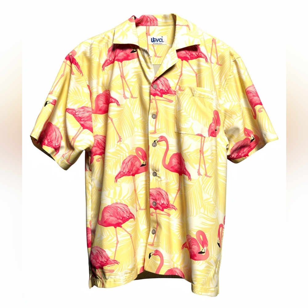 Uzzi Hawaiian Flamingo Print Casual Button Down Shirt